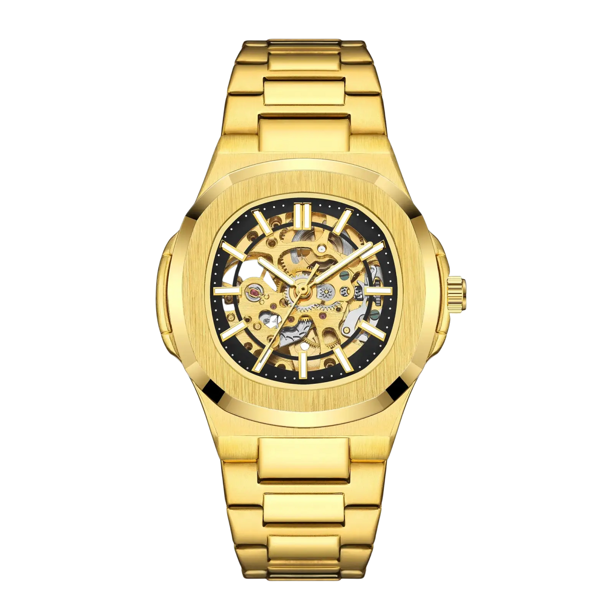 Gold-toned mechanical skeleton watch with polished stainless steel bracelet and exposed automatic gears