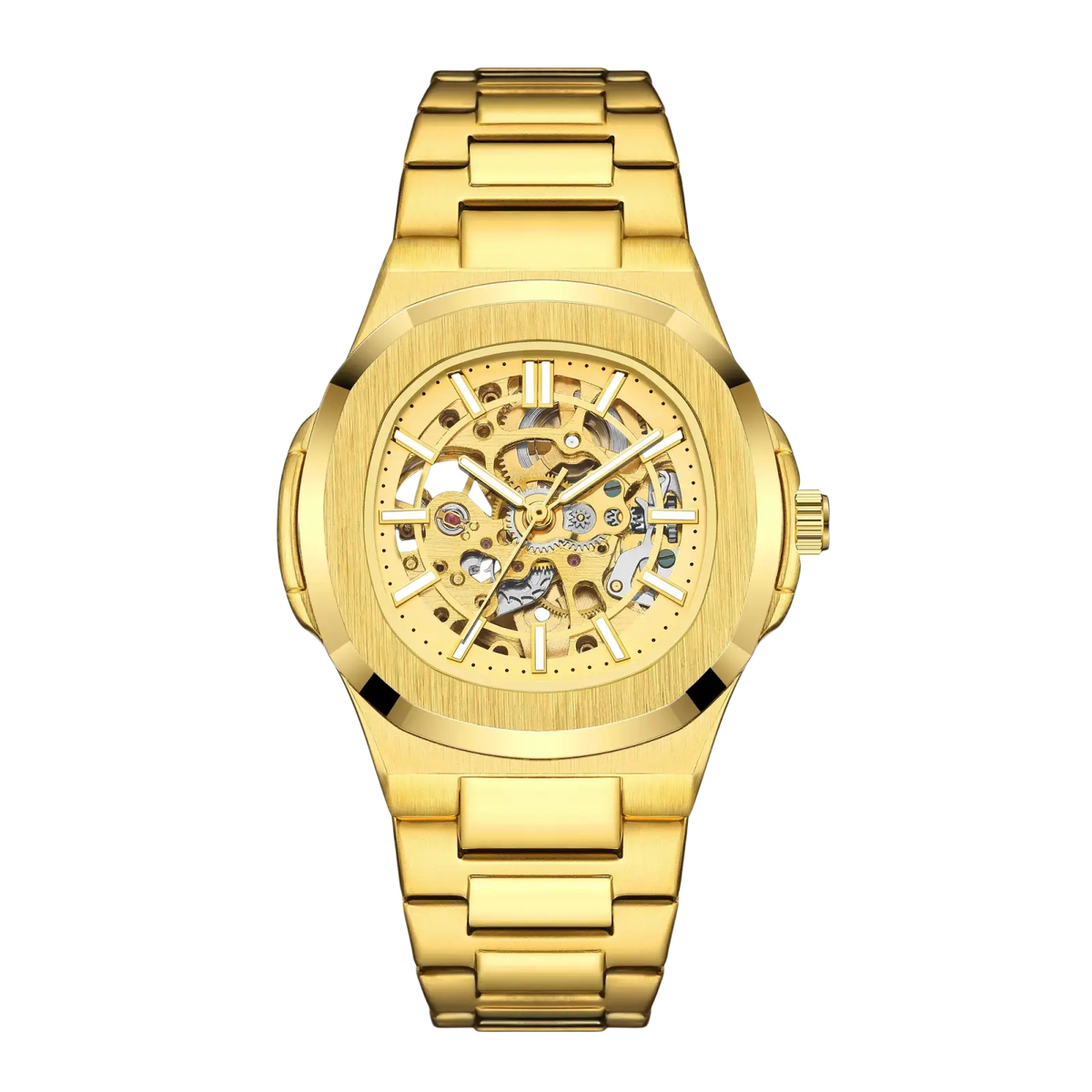 Gold-toned mechanical skeleton watch with polished stainless steel bracelet and exposed automatic movement