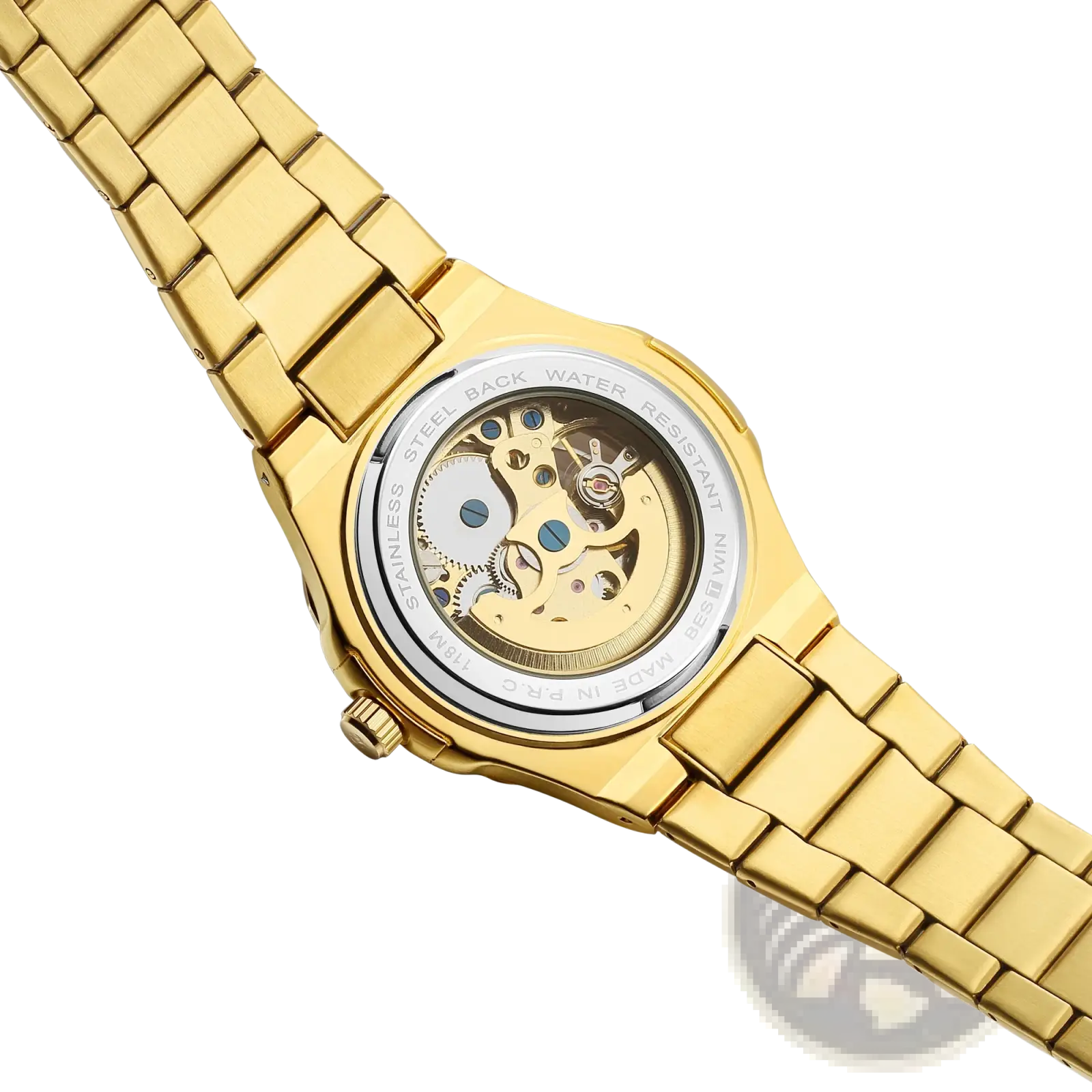 Mechanical skeleton watch stainless steel automatic gold with exposed gears and polished gold-toned link bracelet
