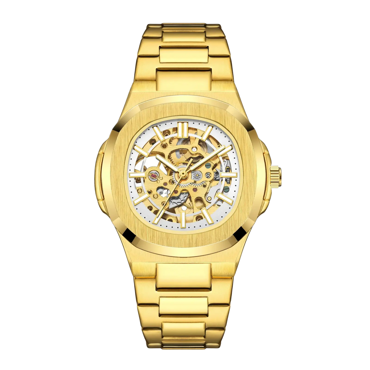 Gold-toned mechanical skeleton watch with polished stainless steel bracelet and exposed automatic movement