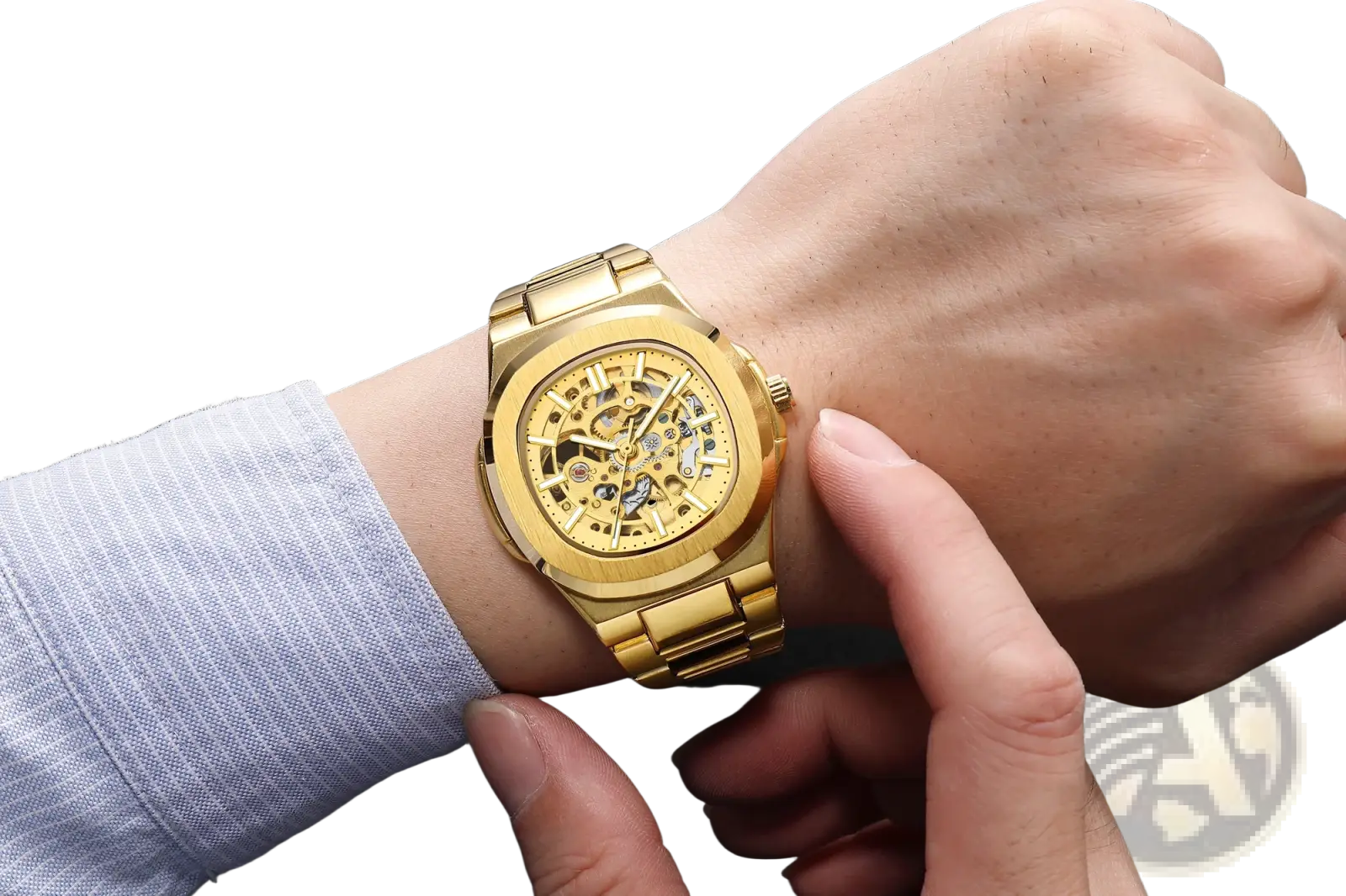 Mechanical skeleton watch in gold tone featuring exposed gears and a polished stainless steel bracelet