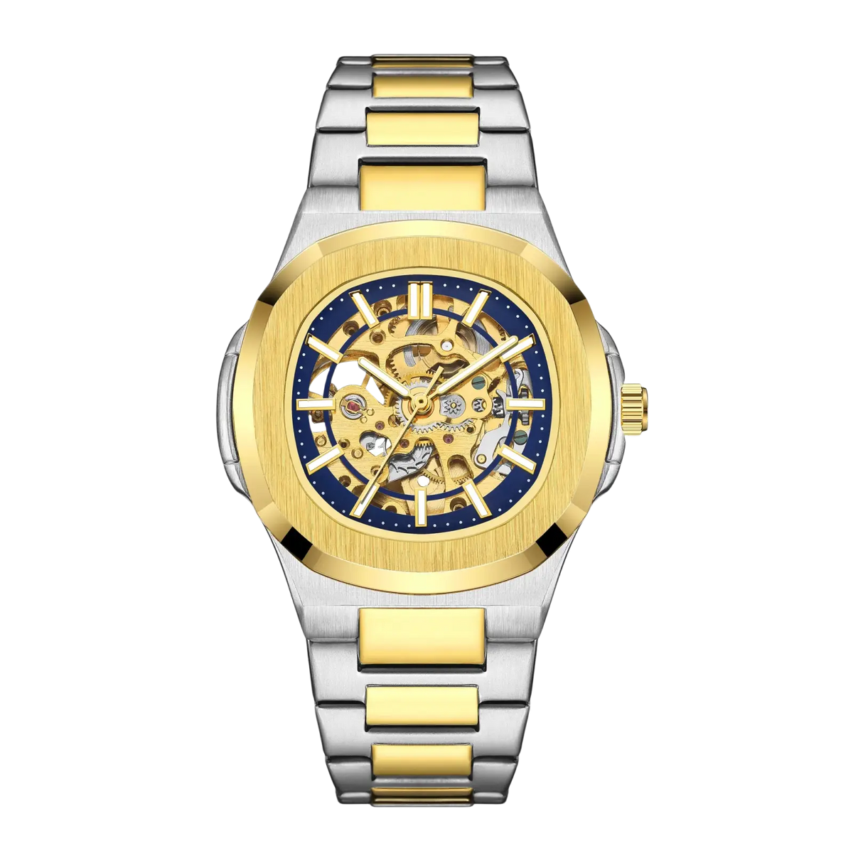 Two-tone gold and silver mechanical skeleton watch with blue dial stainless steel automatic design