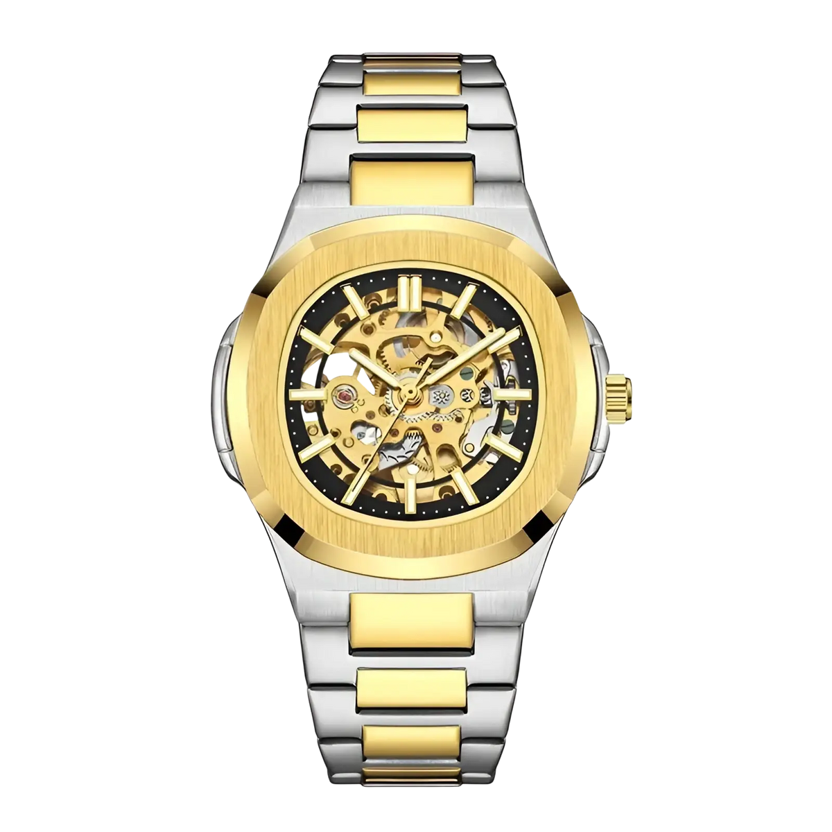 Two-tone gold and silver mechanical skeleton watch with exposed gears stainless steel automatic design