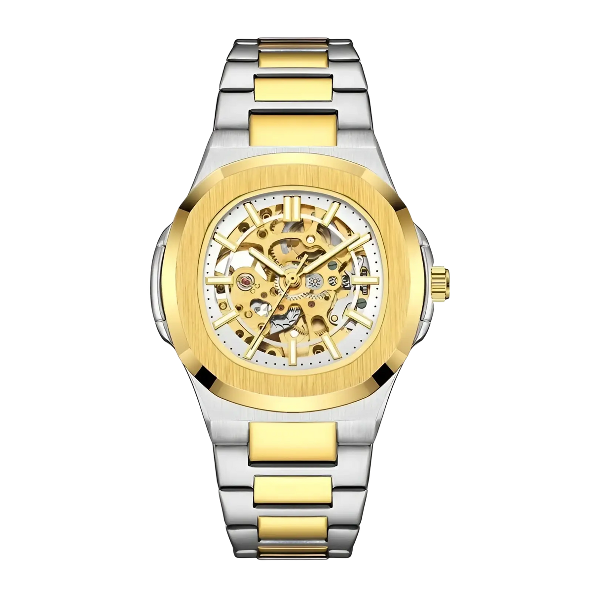 Two-tone gold and silver mechanical skeleton watch with exposed gears stainless steel automatic design