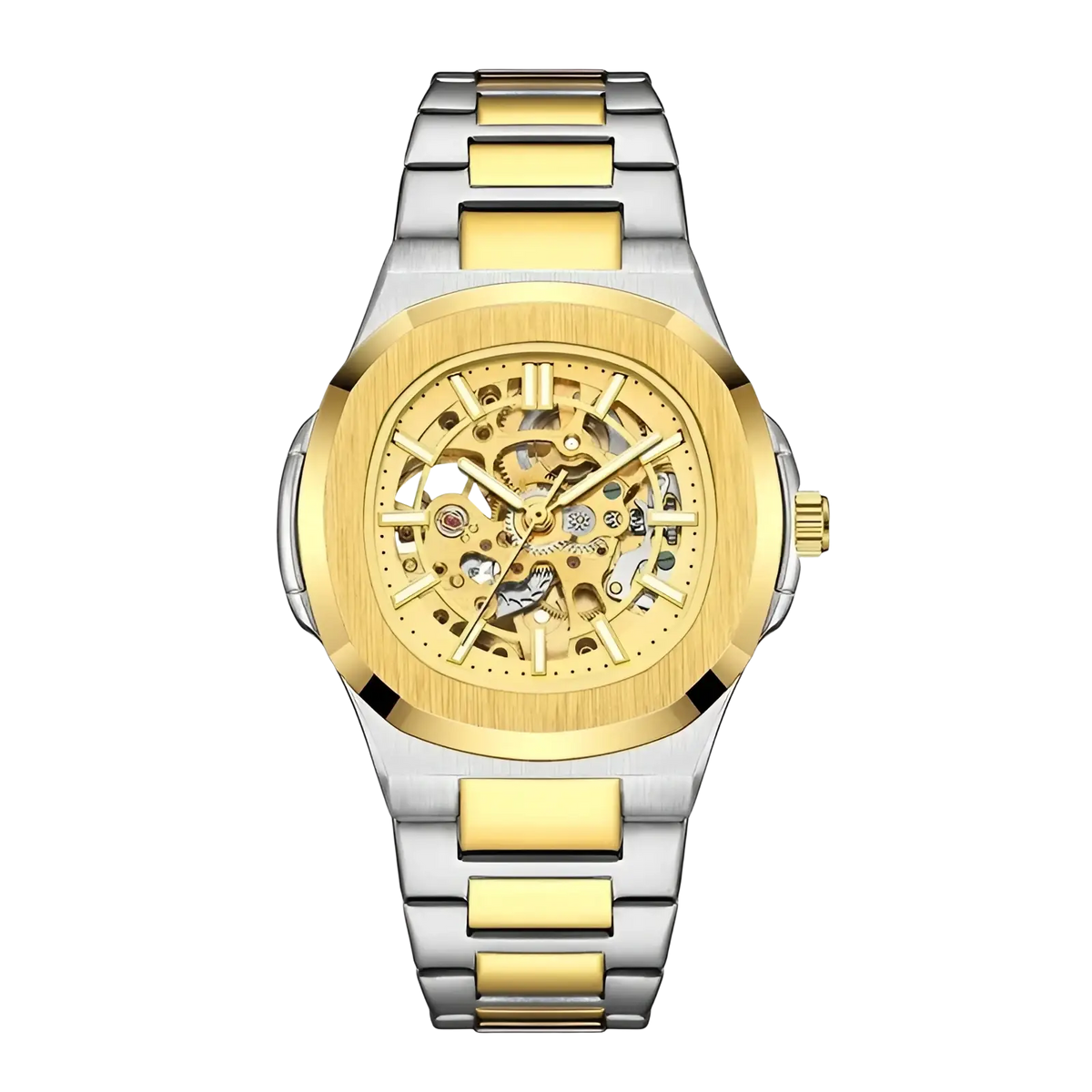 Mechanical skeleton watch stainless steel automatic gold with two-tone gold and silver visible mechanical movement and roman numerals