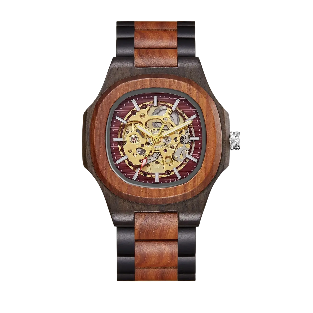Mechanical skeleton watch with dark brown and light wood grain case gold-toned gears and black accented band