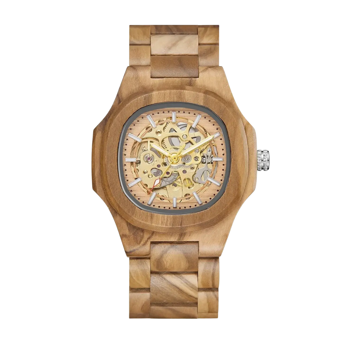 A wooden mechanical skeleton watch with a square face automatic movement and gold-toned hands in stainless steel