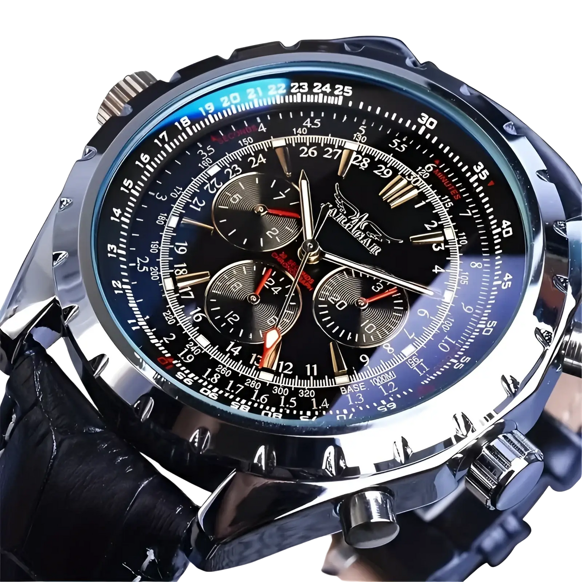 Mechanical stainless steel men’s chronograph watch with black and blue dial, silver-toned case, black leather strap, and red hands