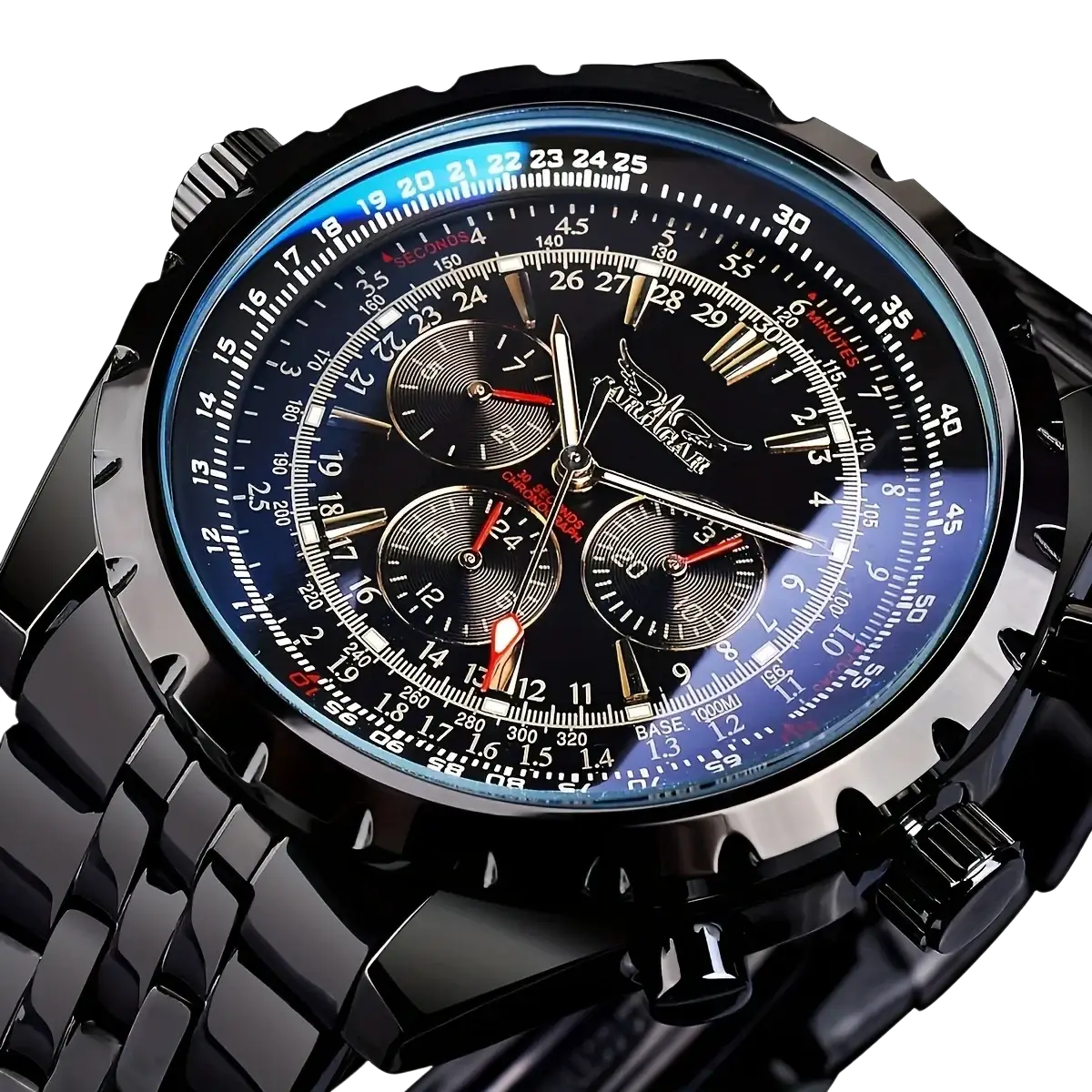 Mechanical stainless steel men’s chronograph watch with black ceramic case, blue and black dial, and red subdial accents