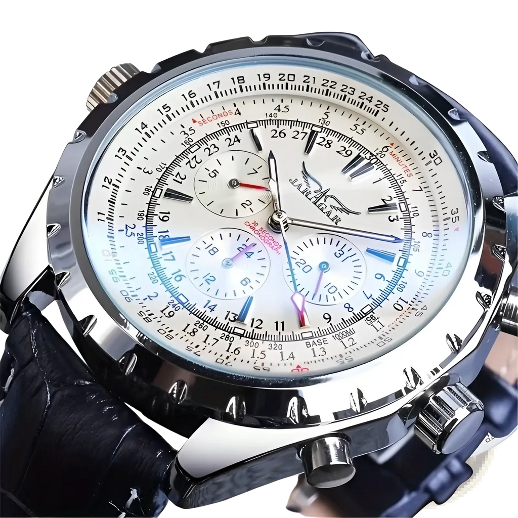 Mechanical stainless steel men’s chronograph watch by Jaragar with silver case, black leather strap, and blue red accents