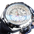Mechanical stainless steel men’s chronograph watch by Jaragar with silver case, black leather strap, and blue red accents