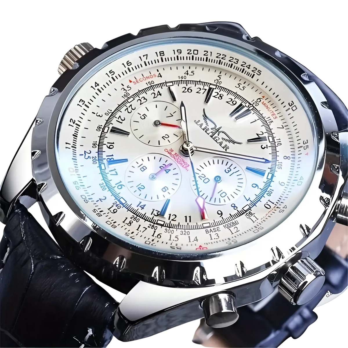 Mechanical stainless steel men’s chronograph watch by Jaragar with silver case, black leather strap, and blue red accents