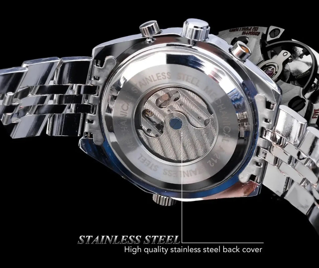 Mechanical stainless steel men’s chronograph watch with silver polished link bracelet and visible mechanical movement