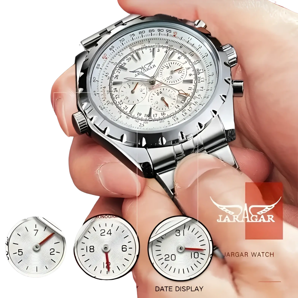 Mechanical stainless steel men’s chronograph watch featuring a silver jaragar case and white dial with multiple subdials
