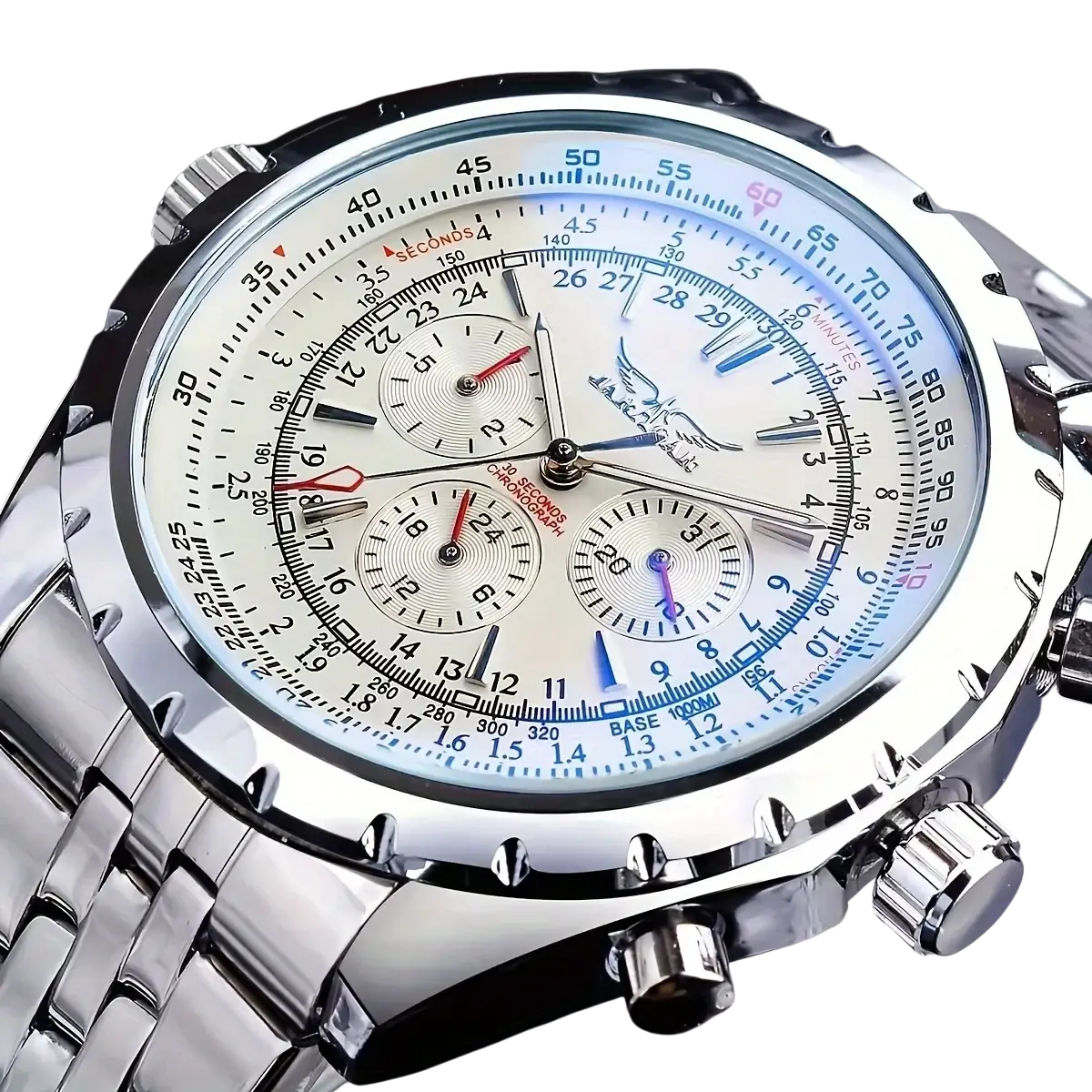 Mechanical stainless steel men’s chronograph watch with silver jaragar case, white dial, blue and red accents, and link bracelet