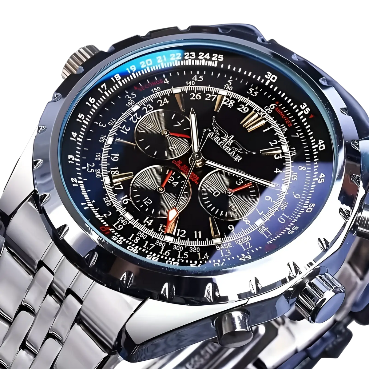 Mechanical stainless steel men’s chronograph watch silver tone with black and blue dial and stainless steel link bracelet