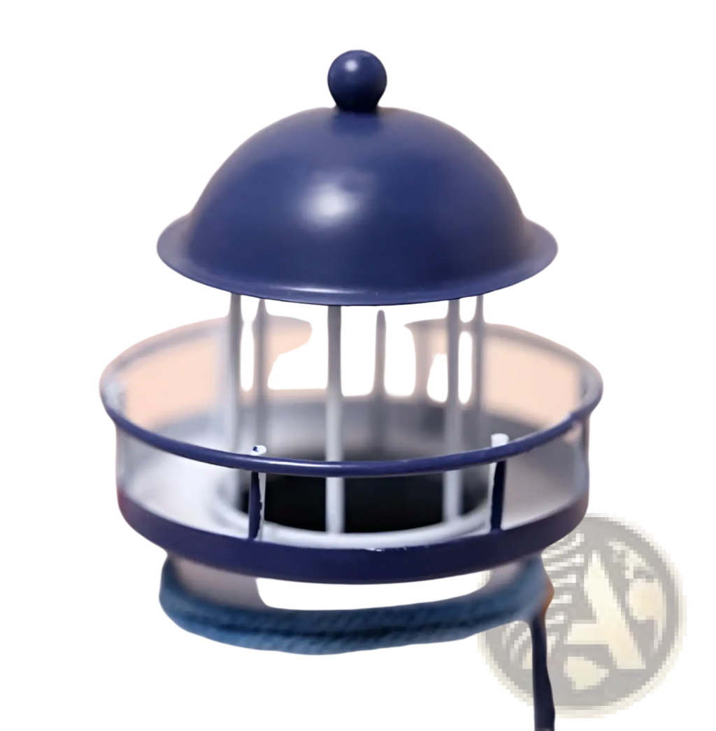 Mediterranean lighthouse garden statue in navy blue and white with domed top metal railing and rope-wrapped base