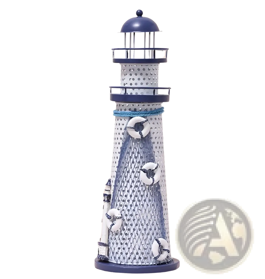 Mediterranean lighthouse garden statue decor metal figurine with navy blue dome base textured gray body and white lifebuoys