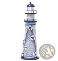 Mediterranean lighthouse garden statue decor metal figurine with navy blue dome base textured gray body and white lifebuoys