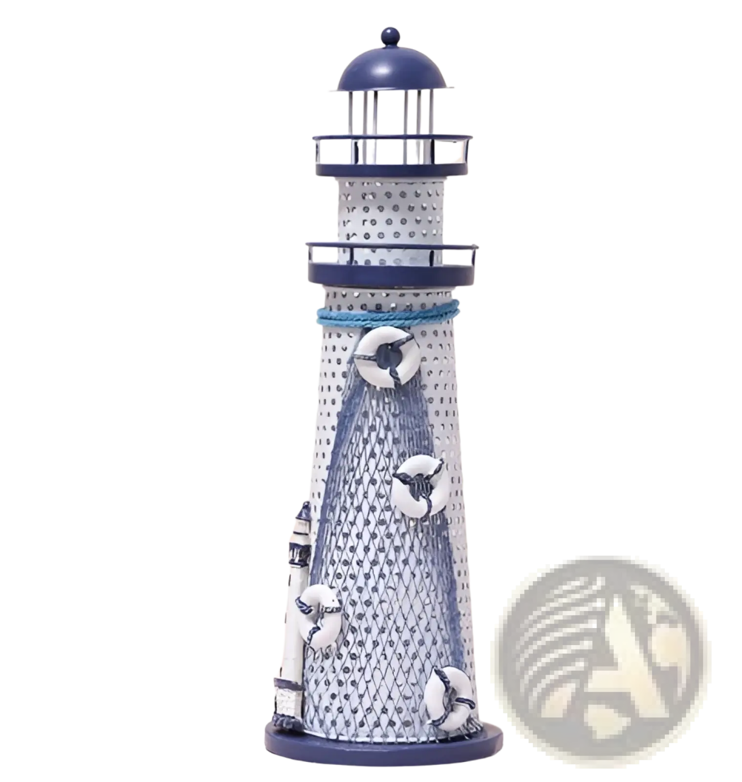 Mediterranean lighthouse garden statue decor metal figurine with navy blue dome base textured gray body and white lifebuoys