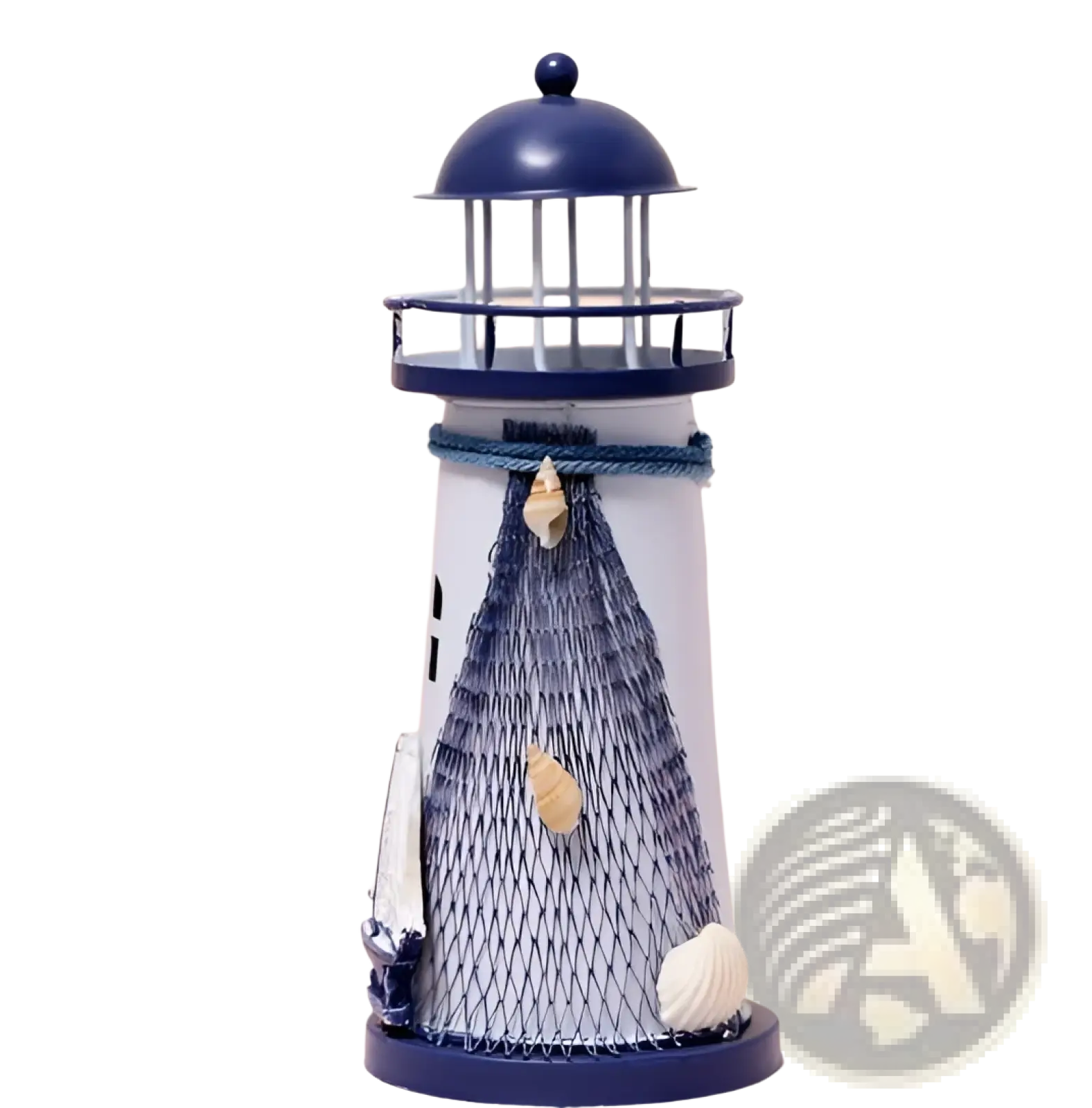 Mediterranean lighthouse garden statue decor with navy blue dome and base, white body, gray netting, and seashells