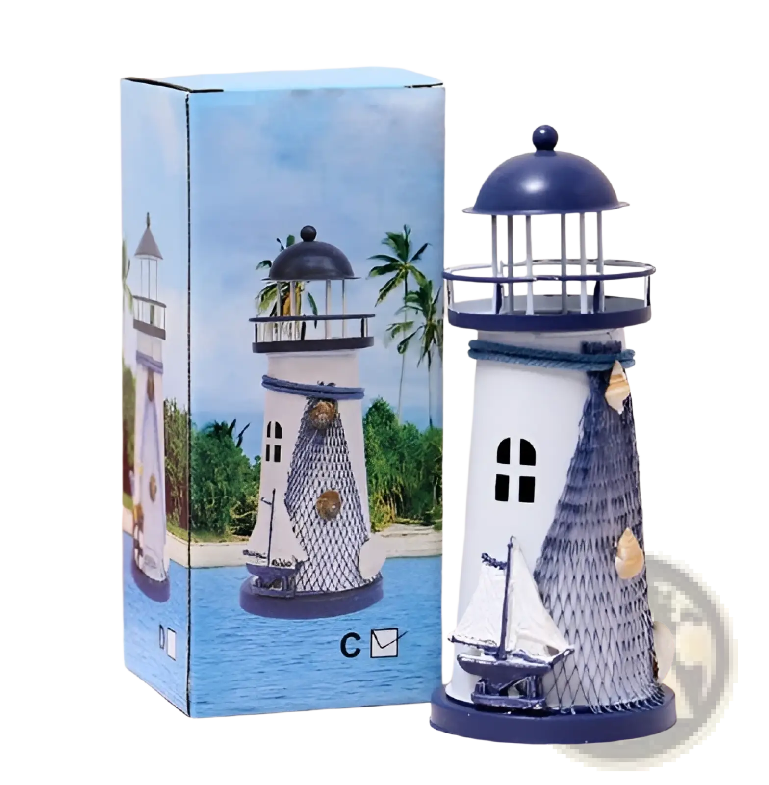 Mediterranean lighthouse garden statue decor in blue and white with textured net-like pattern on its side