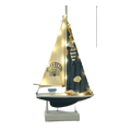 Mediterranean style wooden led sailing boat home decor with cream sail, black seashell design, string lights, and sea ornaments