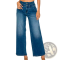 Medium blue wide leg denim jeans featuring high waist and double-button front closure in durable denim fabric