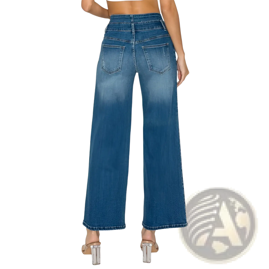 Medium blue high-waisted wide leg denim jeans with a faded wash in blue denim material