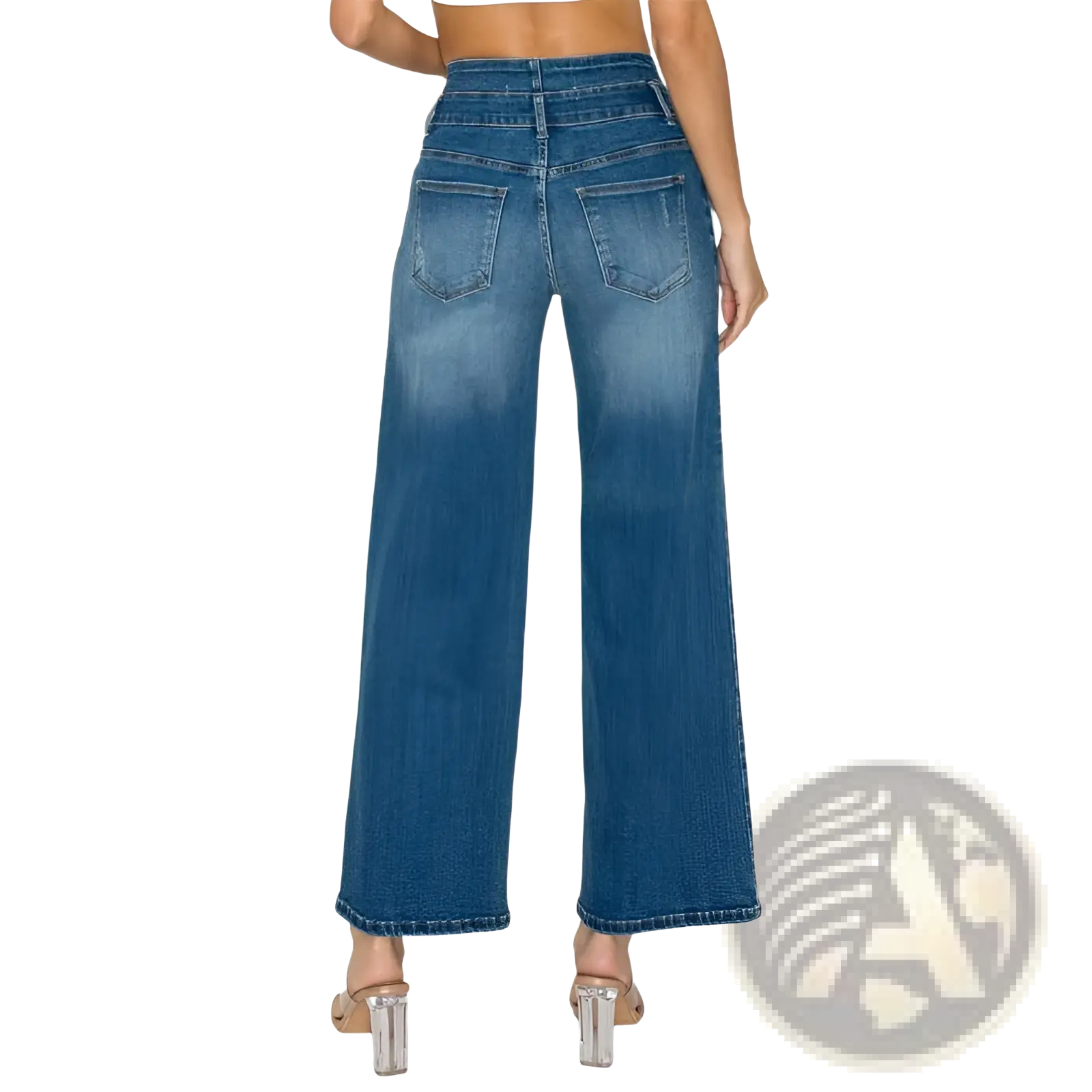 Medium blue high-waisted wide leg denim jeans with a faded wash in blue denim material