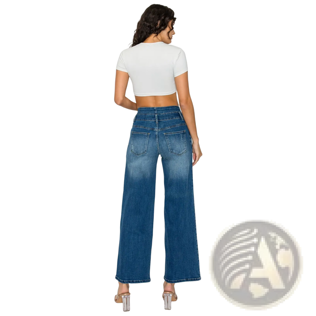 Medium blue high-waisted wide leg denim jeans made of blue denim with classic back pockets shown from the back side