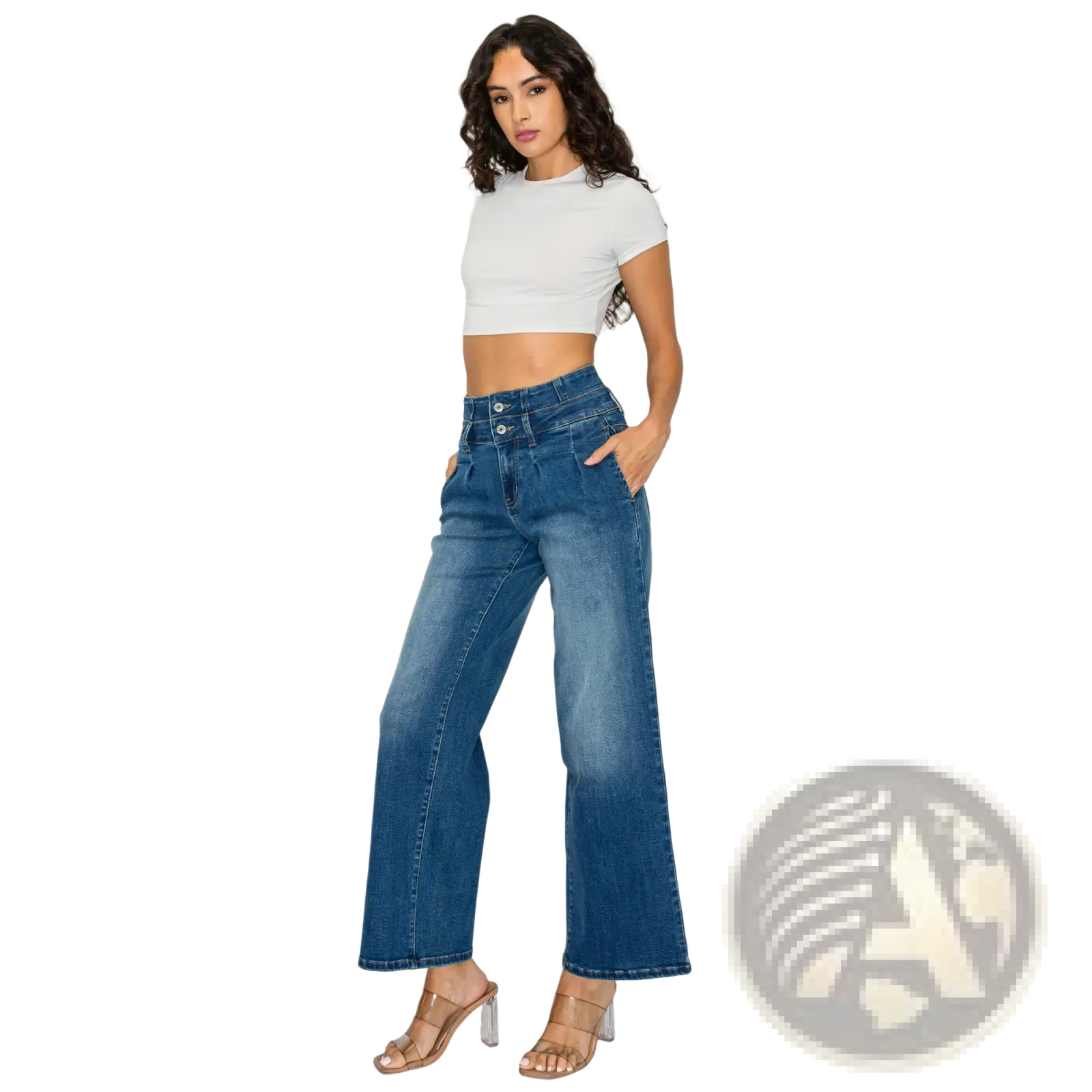Medium blue wide leg denim jeans featuring high waist, wide-leg cut, and double-button front closure