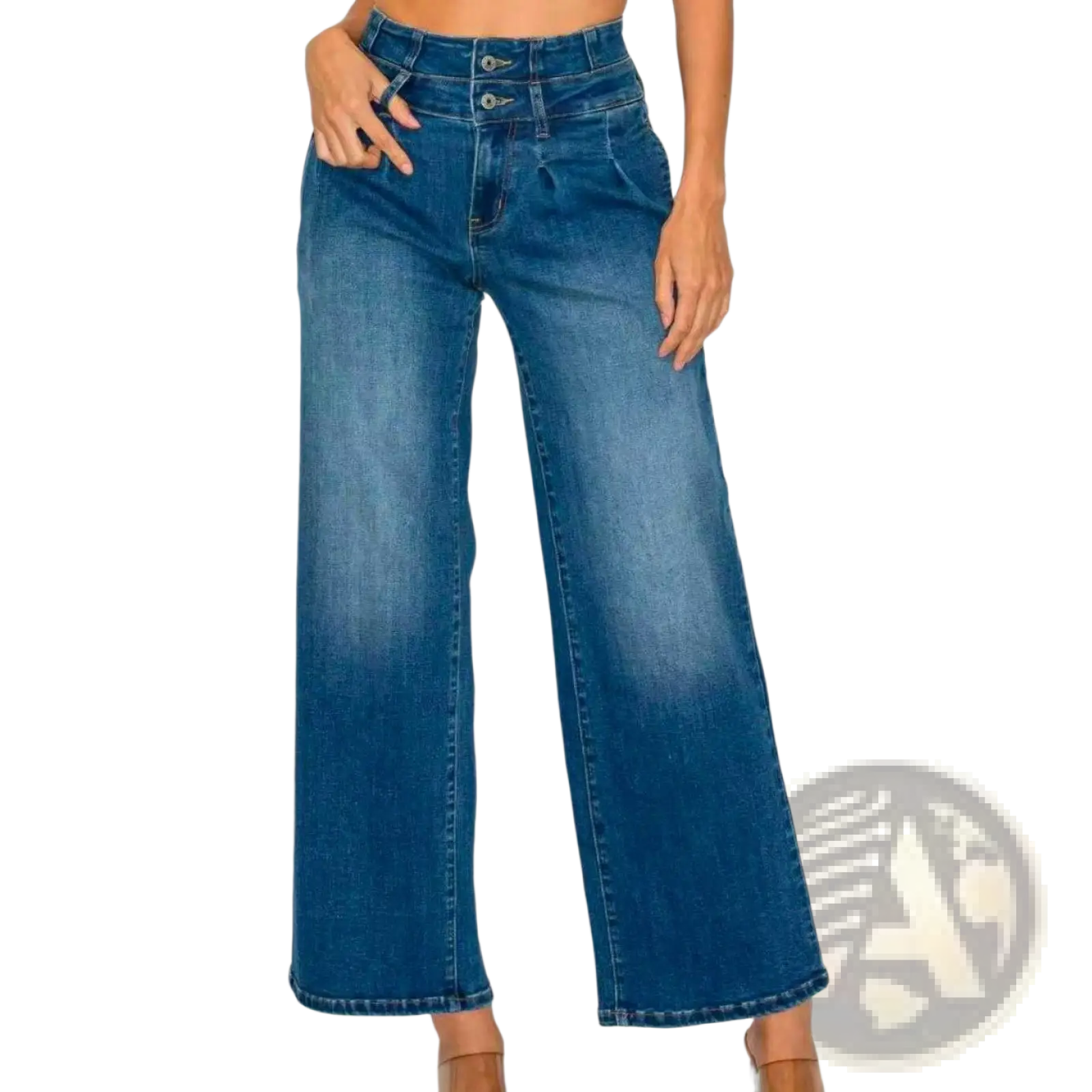 Medium blue wide leg denim jeans with high waist and double-button front closure made of durable denim material