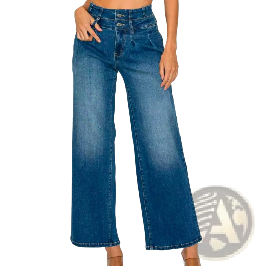 Medium blue wide leg denim jeans with high waist and double button front closure in a wide leg cut