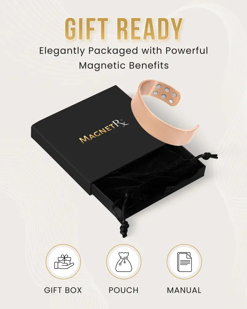 Mega strength magnetic copper therapy cuff bracelet in rose gold with sleek curved design and six circular cutouts