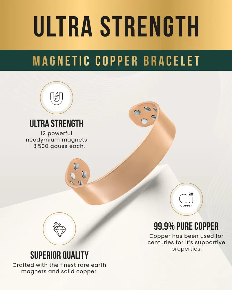 Mega Strength magnetic copper therapy cuff bracelet in sleek rose gold with 12 embedded neodymium magnets
