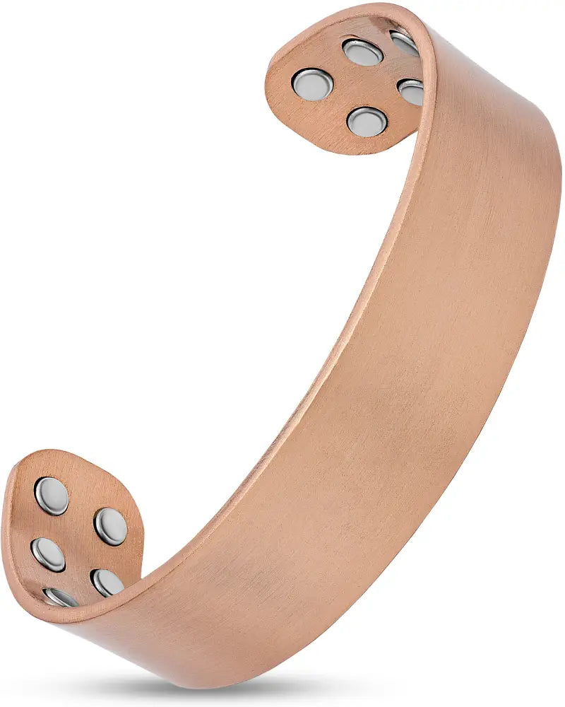 Mega strength magnetic copper therapy cuff bracelet in rose gold tone with smooth curved design and six magnets per end