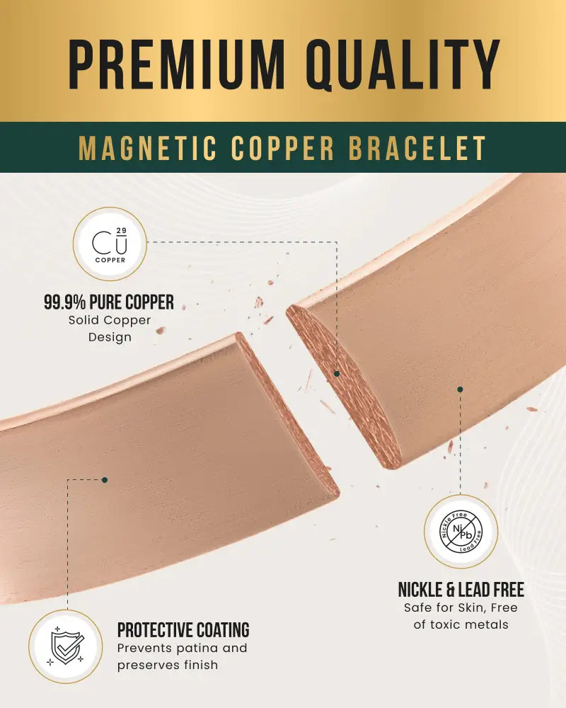 A sleek solid copper magnetic therapy cuff bracelet with protective coating and 99.9% pure copper construction
