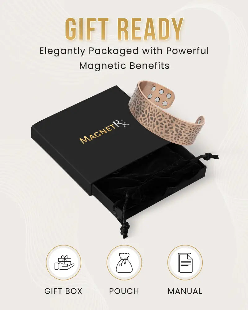 Mega strength hammered copper magnetic therapy cuff beige leopard print with circular cutouts and magnetic closure