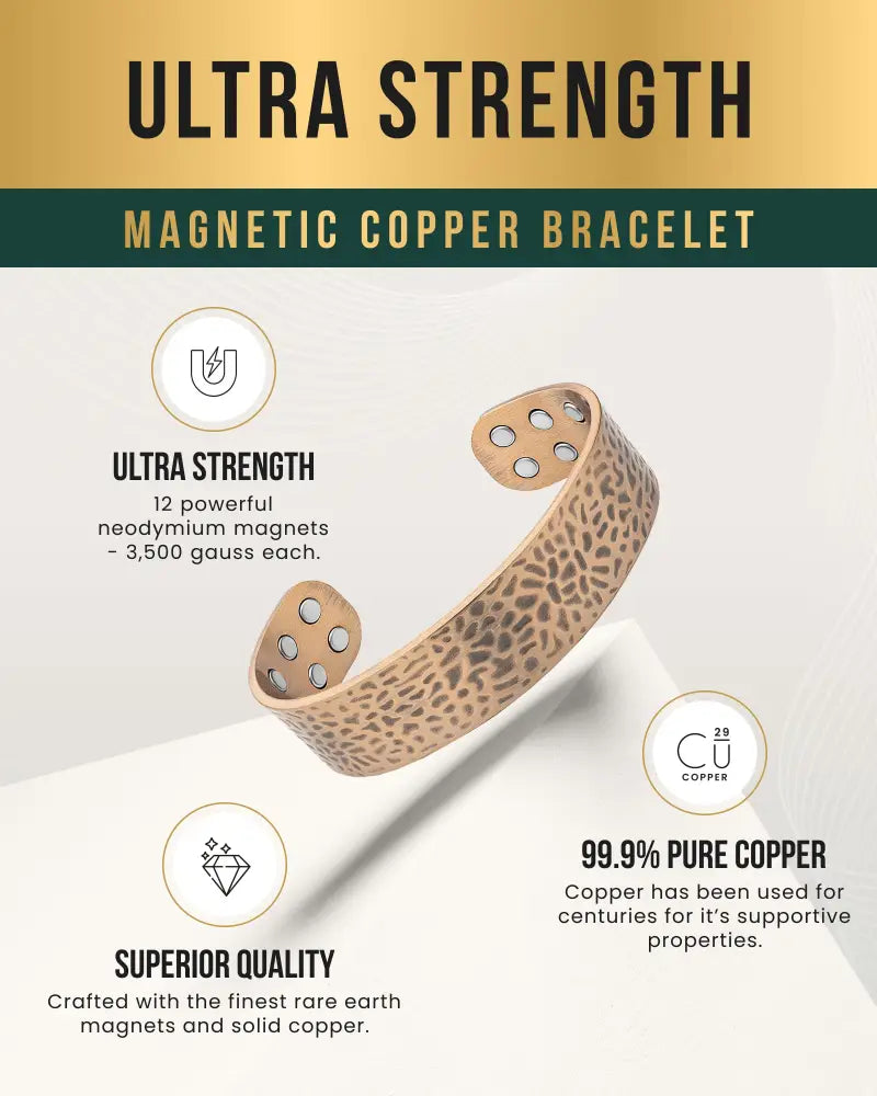 Mega strength hammered copper magnetic therapy cuff with a textured hammered finish and embedded neodymium magnets