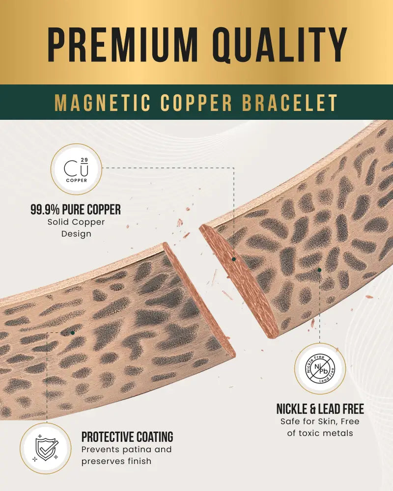 Mega strength hammered copper magnetic therapy cuff in 99.9% pure copper with leopard print and protective coating