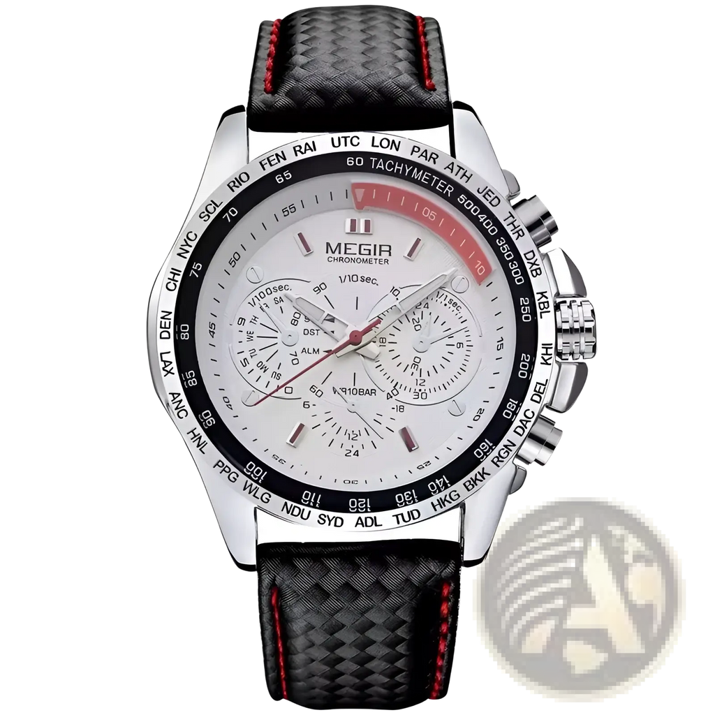 Silver megir 1010 men quartz chronograph watch with white dial and black textured strap with red stitching