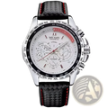 Silver megir 1010 men quartz chronograph watch with white dial and black textured strap with red stitching