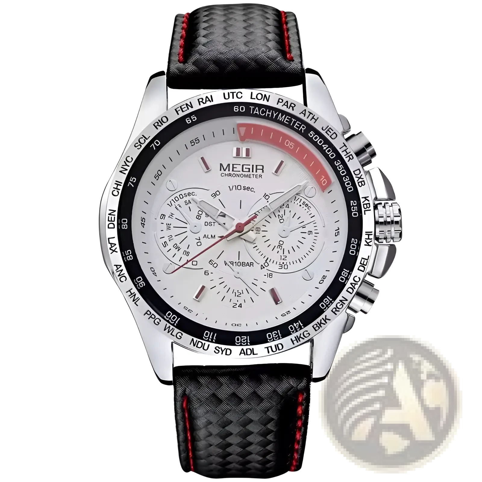 Silver megir 1010 men quartz chronograph watch with white dial and black textured strap with red stitching