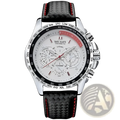 Megir 1010 men quartz chronograph watch with silver tone case white dial and black carbon fiber strap with red stitching