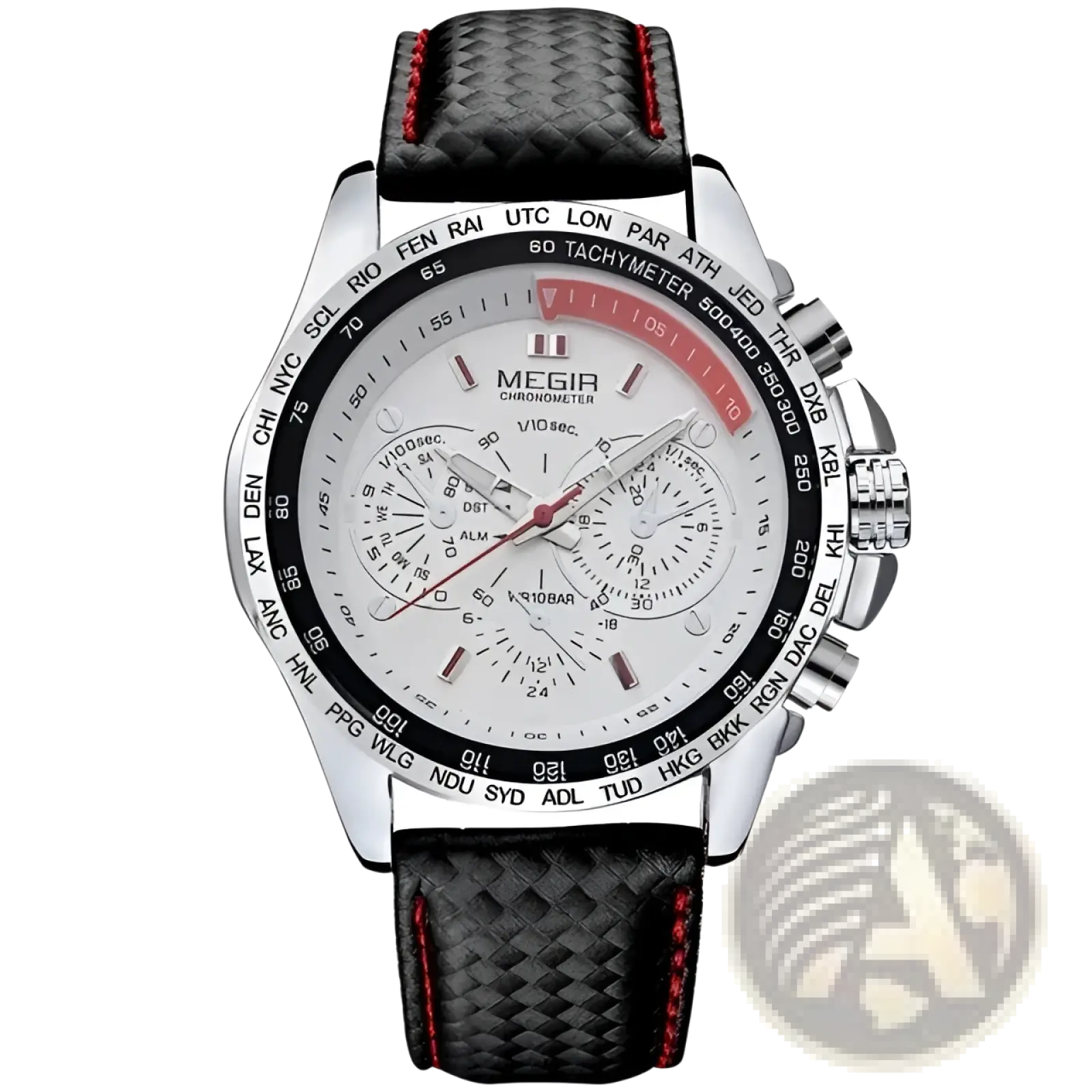 Megir 1010 men quartz chronograph watch with silver tone case white dial and black carbon fiber strap with red stitching