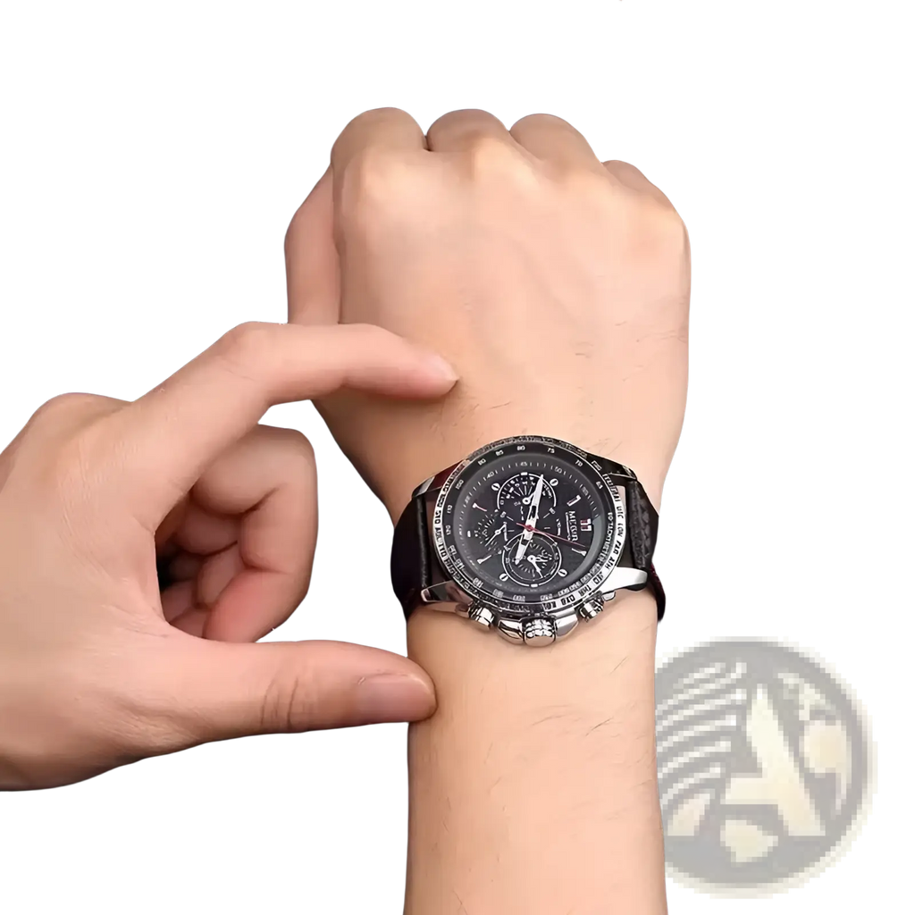 Megir 1010 men quartz chronograph watch with black dial silver-toned case and black leather strap