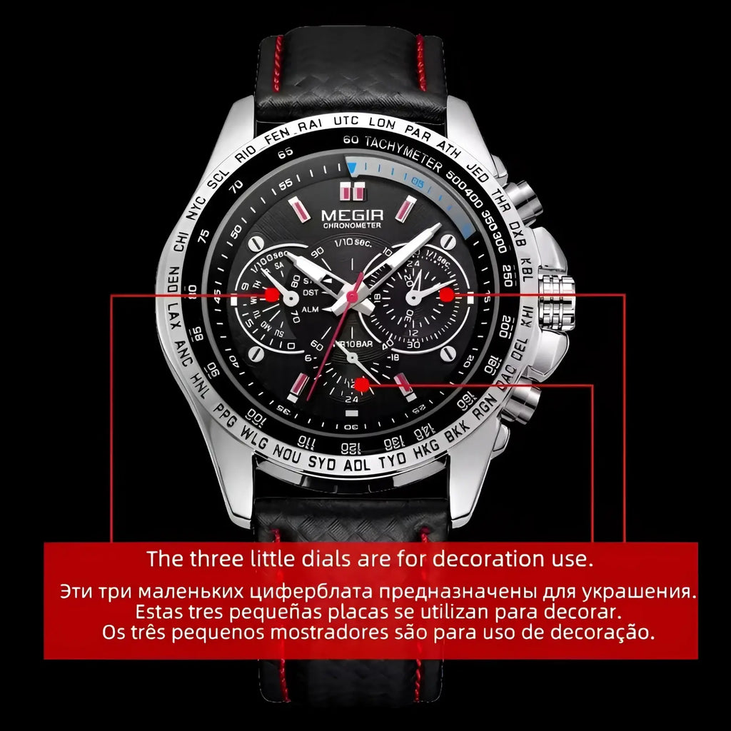 Megir 1010 men quartz chronograph watch with black and silver case, red dial accents, and black leather strap with red stitching
