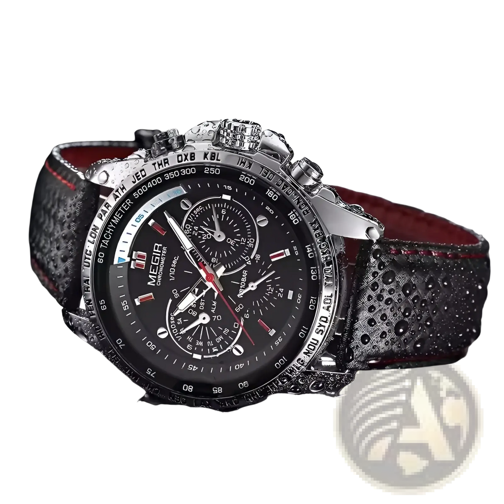 Megir 1010 men quartz chronograph watch with black dial, silver tachymeter bezel, and gray leather strap with red stitching