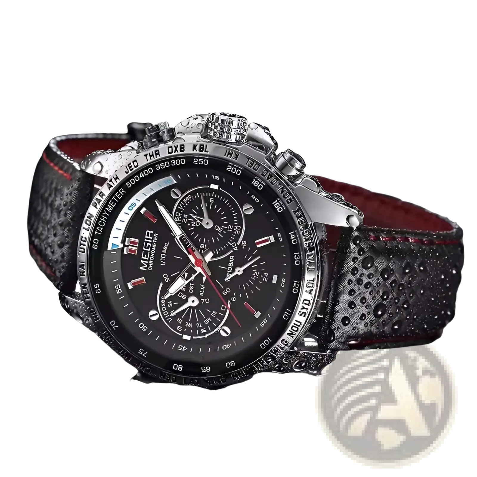 Megir 1010 men quartz chronograph watch with black dial, silver tachymeter bezel, and gray leather strap with red stitching